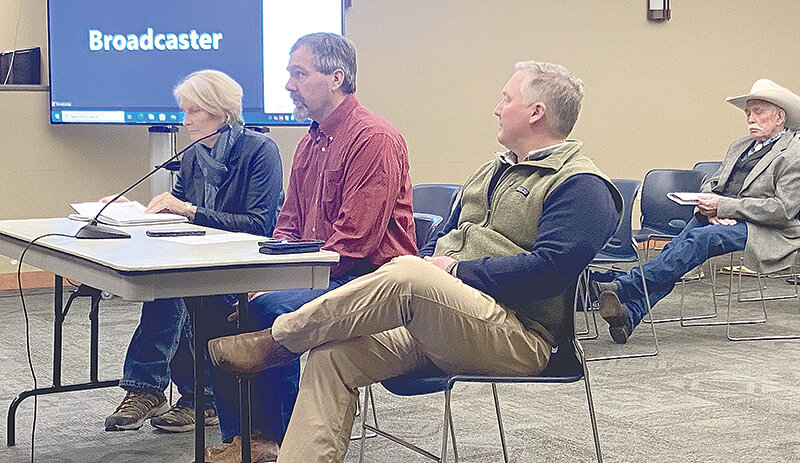 Cody Rep. Sandy Newsome (from left), Commissioner Lee Livingston and Cody Mayor Matt Hall speak to commissioners Feb. 6 about their work on trying to bring the state shooting complex to Park County.