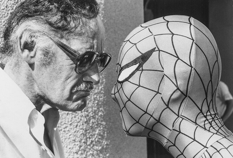 Stan Lee meets Spider-Man, one of the beloved characters he co-created for Marvel Comics.