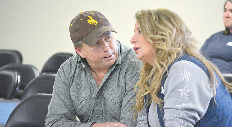 Brent Bien of Cody visits Wyoming Republican Party National Committeewoman Nina Webber during Saturday&rsquo;s Park County Republican Party Convention at the fairgrounds. Bien and Webber will both represent the state at the Republican National Committee this summer.