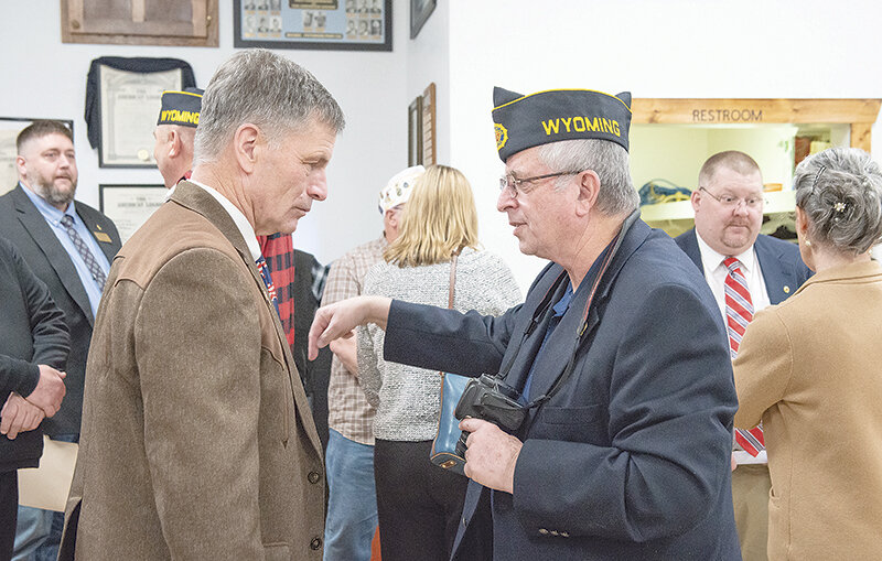 Ed Morrow (right), of Powell, speaks with Wyoming Gov. Mark Gordon on Saturday afternoon at the Hughes-Pittinger American Legion Post 26. Gordon was in town for Wyoming Veterans Welcome Home Day.