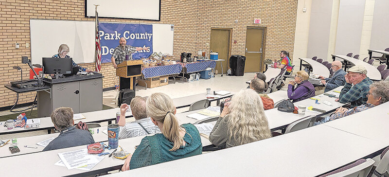 Mike Specht chairs Park County Democratic caucus and convention inside Northwest College’s Fagerberg Building. The Saturday morning event drew 21 local Democrats.