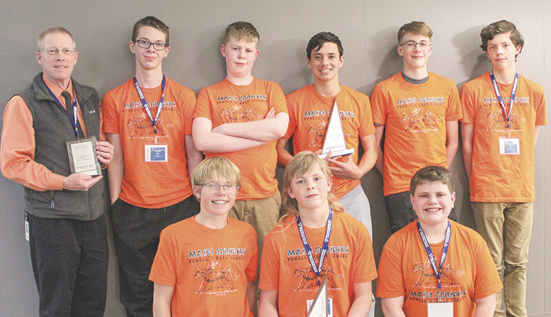 Powell Middle School’s Mathcounts team repeated last year’s first place win at the state competition March 23 in Laramie. Eighth grade student Landon Petersen, (front row, center) placed in the top four individually, which means he will compete on the national level in May. Back row, from left: coach Dale Estes, Tyler Krueger, Jim Black, Gianreye D’Alessandro, Hunter Taylor and Brady Kuenn. Front row: Tucker Muecke, Landon Petersen and Huston Dearcorn.
