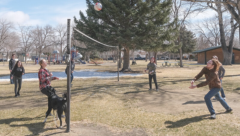 Members of the Powell High School JROTC play a game of volleyball during a team bonding day on April 1. From left, Ethan Cartier, Kaylee Durney, Abigail LeBlanc, John Hawley (obscured), Constance Beauchamp-Johnson, Allison LeBlanc (obscured) and Rhys Bray.