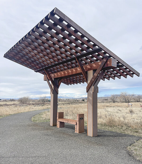 A sunshade crafted with steel square tubing by Production Machine can be found on the walking path near the Heart Mountain Interpretive Center.