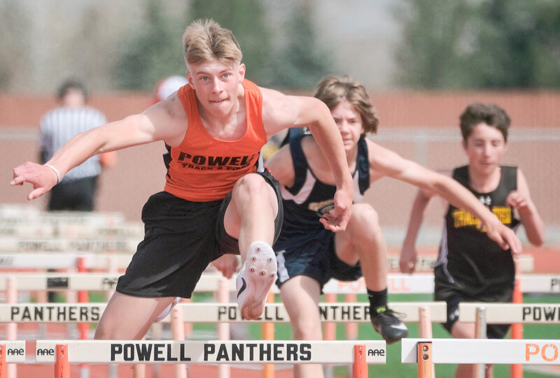 Keaton Bennett leads a group of hurdlers during the PAR Middle School Invitational on Saturday, as the eighth grade Cubs ran away with the team title at their home meet.