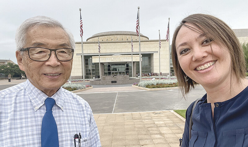 Sam Mihara (left), who was incarcerated as a child in Heart Mountain during World War II, and Heart Mountain Wyoming Foundation Executive Director Aura Sunada Newlin gave two presentations last week at the George H.W. Bush Presidential Library &amp; Museum in College Station, Texas.
