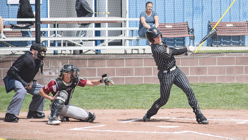 Brock Johnson swings through a pitch against Gallatin Valley on Saturday. He hit his first home run on Sunday against Laurel as the Pioneers bounced back in Montana.