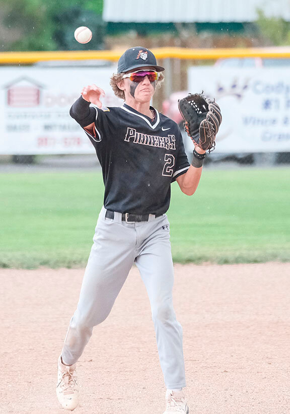 Talon Nuss throws a ball from shortstop during a late season game against Cody. Nuss and the Pioneer &lsquo;B&rsquo; team battled back to finish second at the state tournament in Torrington.