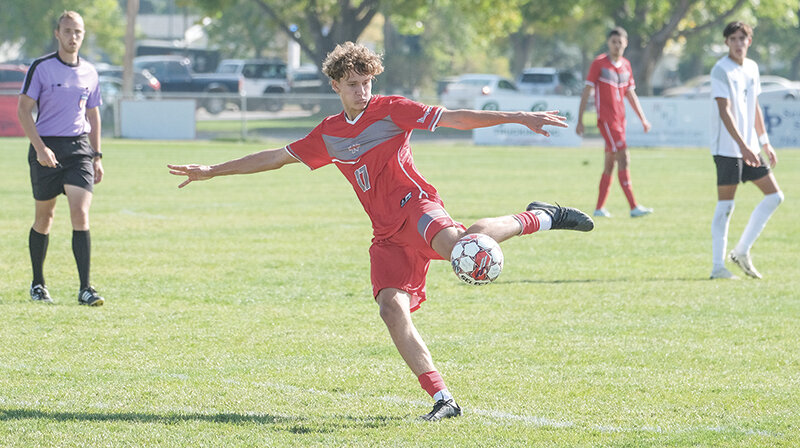 Luc Haller strikes a ball on the edge of the box during the men’s win over Lamar on Monday.