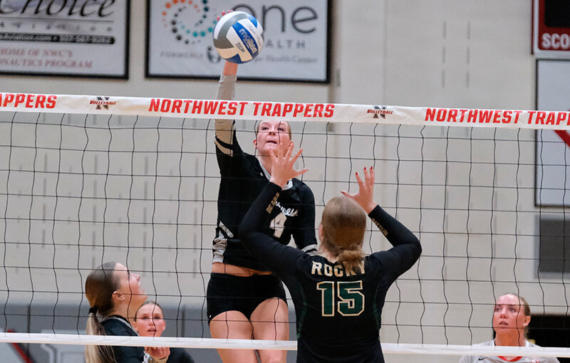 Kennedy Oman spikes a ball during the Trapper&rsquo;s match against the Rocky Mountain JV on Oct. 11. Oman led the Trappers in blocks against Casper College and Western Wyoming on the road.