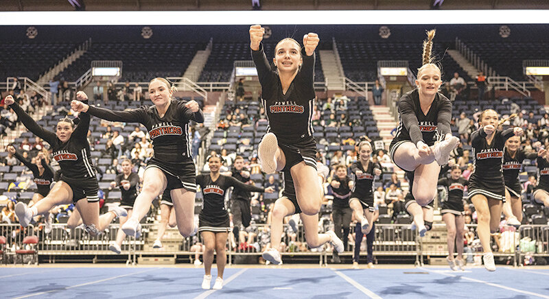 The Powell Panther cheer team jumps in the air as part of their routine at state spirit in Casper. From left: Kaprina Haney, JJ Gardner, Hayden Hinojosa, Luci Dees and Sophia Petrie.