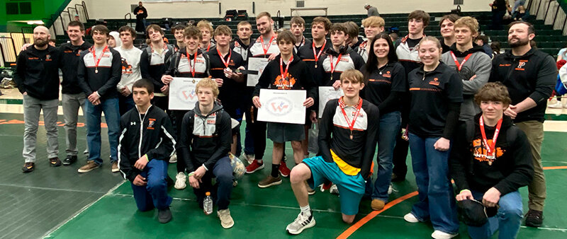 The Powell Panther boys&rsquo; wrestling team poses after winning the 3A West Regional title. The Panthers finished with 220 points to win by 24.5 points. Powell now heads to the state tournament in Casper and will be seeking to claim the state title for the first time since 2015.