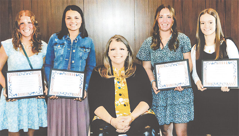 At the 18th annual Park County Republican Women Leadership Tea, four Park County seniors were given scholarships. They were pictured with guest speaker and Powell resident Ashlee Lundvall, Game and Fish Commission president. From left: Kendal Eden, Powell, McKenna Cannon, Powell, Lundvall, Alyssa Despain, Cody, and Kennedy Brown, Cody.