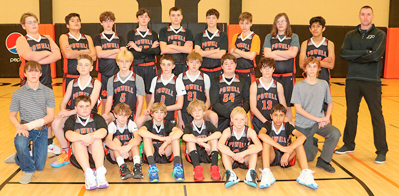 The 2025 edition of the eighth grade Powell Middle School boys&rsquo; basketball team. Back row from left: Eli Bear, Isaiah Torres, Wyatt Burns, Wyatt Bost, Wyatt Hill, Brady Kuenn, Finnegan Startin, Zayden North, Isaiah Camacho and coach Chase Kistler. Middle row: Russell Goolsbey, Levi Rogers, Harper Havron, Treylon Schultz, August Teten, Andrew Walker, Karzten Carter and Jonah Linton. Front row: Huston Dearcorn, Karson Howe, Blake Wood, Mateo Smith, KC Nelson and Axel Caro.