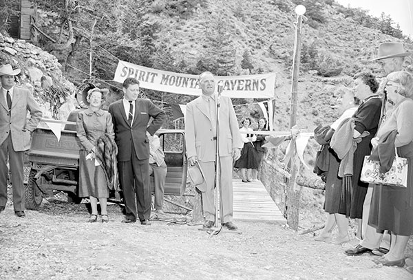 Claud Brown speaks at the opening ceremony of Spirit Mountain Caverns on Sept. 16, 1957. Photo courtesy Jack Richard Photograph Collection, Buffalo Bill Center of the West