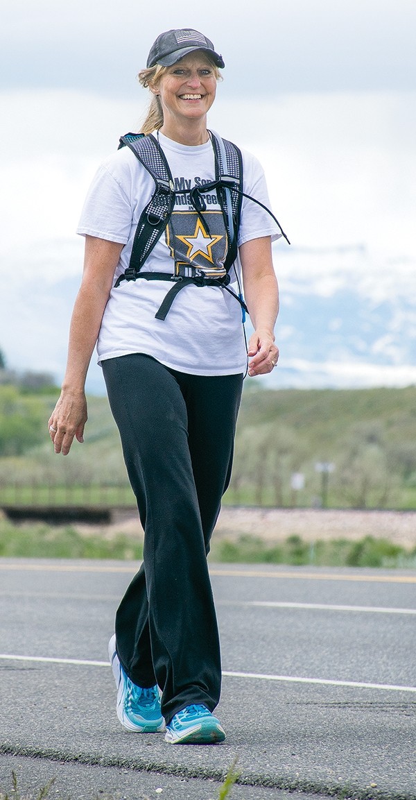 Terresa Humphries-Wadsworth walks from Cody to Powell on Saturday in honor of Armed Forces Day. In September, she will walk from the Wyoming Veterans Memorial Park in Cody to the Wyoming State Capitol Building in Cheyenne — over 400 miles in 15 days — to raise awareness for suicide prevention.