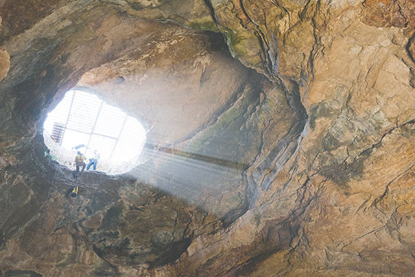 The descent into Natural Trap Cave requires a rappel of 85 feet. Climbing back out is slow going. Photo courtesy Dennis Davis