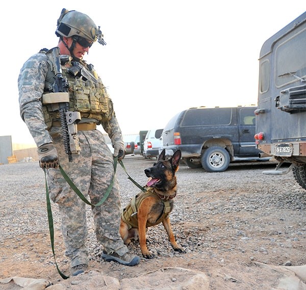 In this file photo, Sgt. 1st Class Matthew Bessler of Powell is pictured in Iraq with Mike, the dog he adopted after the pair served together in the U.S. Army. The dog was killed on Saturday by a bicyclist who said he was attacked, but Bessler is disputing that claim.