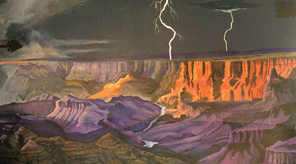 The bedroom walls have been painted into a night scene with stormy skies, cowboy campfires, the Grand Canyon and Old Faithful in the moonlight.