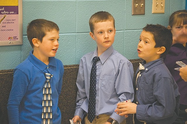 Parkside second graders (from left) Joseph Coates, Jace Hyde and Logan Jensen work on their best Principal Jones impersonations two days after Jones was named Wyoming’s National Distinguished Principal.