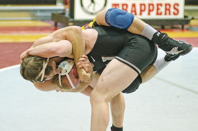 Northwest College sophomore Jaksen Cotterell attempts to shake Montana State-Northern’s Ethan Hinebaugh from his back during dual wrestling action at Cabre Gym last Wednesday. The same two wrestlers faced off in the championship of Saturday’s Cowboy Open in Laramie, with Cotterell falling by a 9-5 final count.