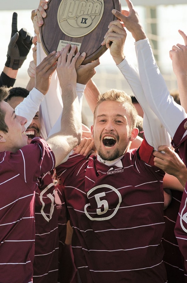 Northwest College’s Alan Da Costa gives an enthusiastic yell as he helps raise the Trappers’ first-ever Region IX title trophy in men’s soccer. For a full account of NWC’s weekend in Rock Springs.