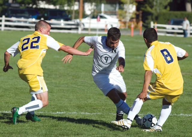 Marco Tulio Andrade, shown here dribbling through traffic last fall, was one of seven international student-athletes on the men’s soccer roster. A national rule change by the NJCAA will take effect in 2012-2013 limiting the percentage of international athletes on junior college rosters.