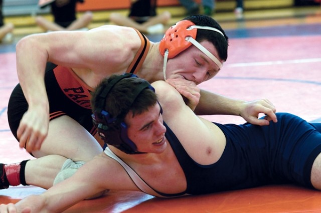 Panther wrestler Jim Seckman controls his Lyman opponent in the quarterfinal round on his way to a gold medal at the West Regional meet in Powell last weekend.  Seckman pinned all three of his opponents during the meet to go into the state tournament as the top seed from the west at 152 pounds.