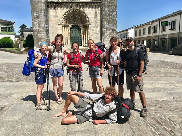 Virginia Schmidt formed unforgettable memories with the people she met on The Camino Frances. Pictured in the Spanish city of Portomarín are (from left) Carol from Ireland, Virginia (from Cody), Nina from Canada, Sabina from Germany, Julia from Germany, Ravi from Canada and Ollie (front) from Australia.