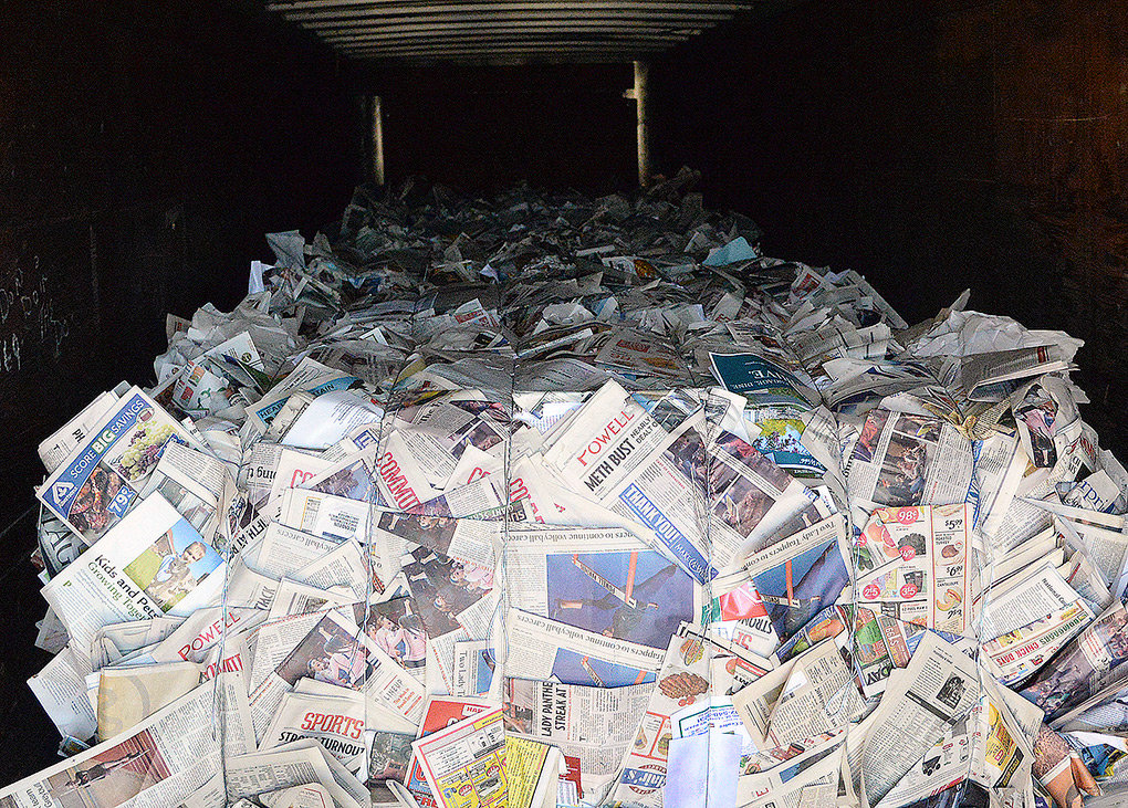 Bales of newspaper are stored in a trailer at the Powell Valley Recycling Center. While many recycling commodities have lost value, newspaper has remained fairly steady, but it was never an important revenue source.