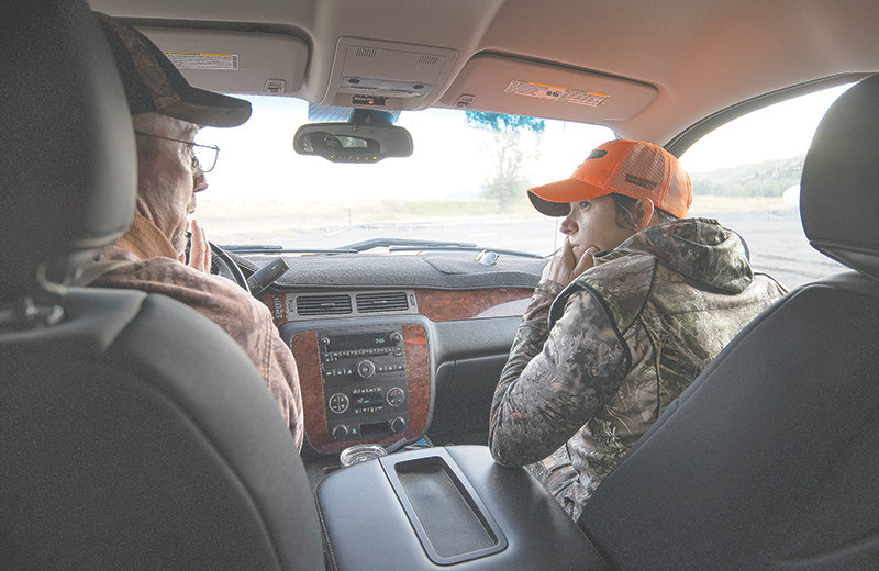 Fred Williams, state director for the First Hunt Foundation, talks with Sarah Hamlin while mentoring her through a white-tailed deer hunt last weekend in the Meeteetse area. Hamlin is a member of the Sisters of the Sage, a group of women looking for further experience in hunting.