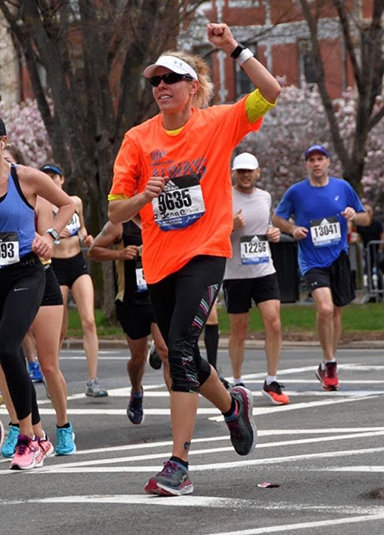 Jenne Wittwer is pictured running in the Boston Marathon on April 15, 2019.
