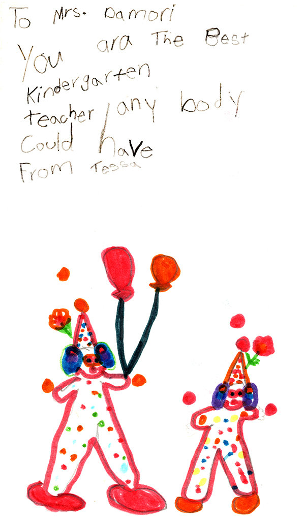 Virginia Damori saved this circus-themed card and other mementos from past kindergarten classes.