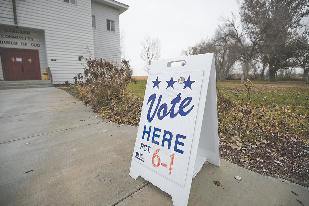 A sign greets voters at the Garland Community Church of God on Election Day in November 2018. In response to new COVID-19-related directives from the Wyoming Secretary of State’s Office, Park County elections officials plan to close this location and four others for the primary and general elections in 2020.