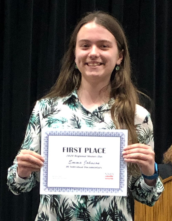 Powell Middle School eighth-grader Emma Johnson placed first at the regional History Day competition, and then second at state. She qualified for the national competition, which will be held virtually in June.
