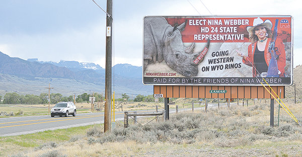A billboard near the Buffalo Bill Reservoir promises for Nina Webber, a Republican challenging state Rep. Sandy Newsome in House District 24, indicates that she’ll oppose Wyoming RINOs — ‘Republicans in Name Only.’ Newsome is also being challenged by former state Rep. Scott Court, a Cody Republican who held the seat before her. It’s one of several contested races that will appear on the primary ballot.