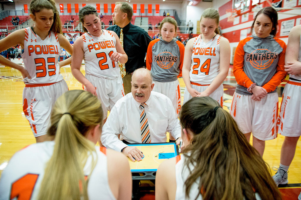 Longtime Powell High School coach Scott McKenzie — seen here leading the Panther girls’ basketball team at last year’s state tournament — has been named as a 2020 inductee to the Wyoming Coaches Association Hall of Fame. McKenzie was set to be formally inducted into the hall at a banquet this month, but that’s been pushed back to 2021 due to the pandemic.