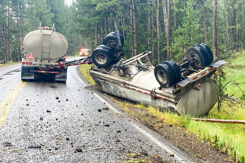 The tandem trailer on this truck flipped over while traveling on Yellowstone National Park's Grand Loop Road on Thursday, spilling thousands of gallons of unleaded gasoline. The truck had been attempting to deliver fuel to facilities in the park.