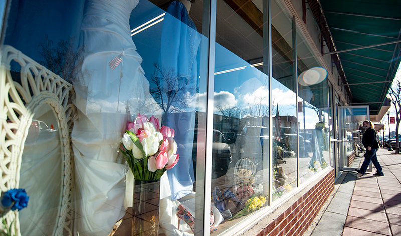 The window display at Habitat’s Shop on Bent reflects the upcoming bridal season.