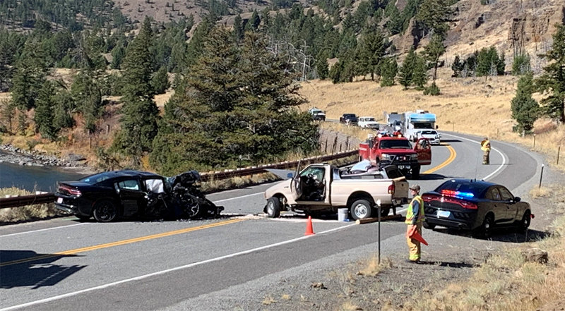 Authorities say a Cody man was under the influence of alcohol and controlled substances on Oct. 6, when his Ford Ranger (center) went into the oncoming lane of travel and collided with a Dodge Charger (left) east of Yellowstone National Park. Prosecutors are seeking a life sentence in connection with the incident.