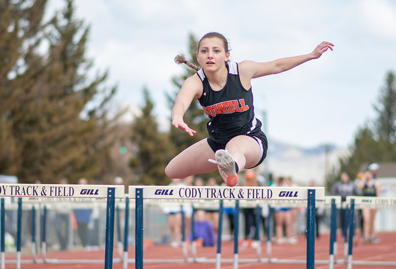 Aramonie Brinkerhoff competes in the 100 hurdles Saturday in the Yellowstone Sports Medicine Invitational 2021. The Panther girls finished first as a team, posting 138.5 points.