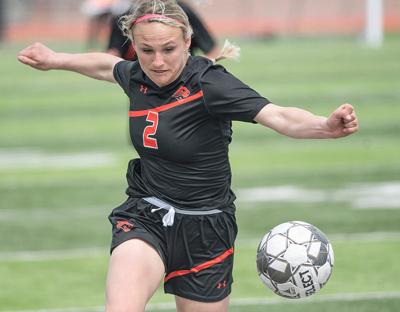 Sidney Karst tries to stop a ball Saturday in Powell’s game versus Pinedale. The Panthers earned a draw in what coach Kaitlin Loeffen described as the team’s best outing of the season.