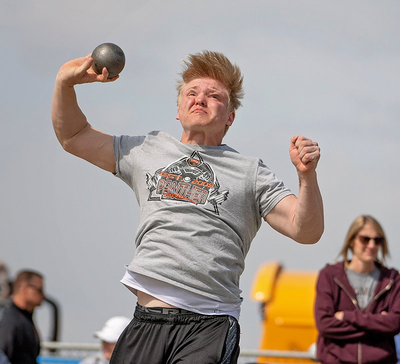 Toran Graham throws Saturday at the Lovell Invitational. The junior placed fifth with a distance of 47 feet, 11 inches, Powell’s best score.