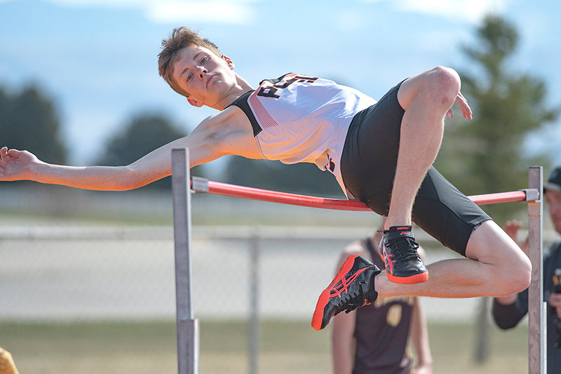 Jace Hyde competes in the high jump at Saturday’s meet in Cowley. Both PHS teams dominated at the meet, combining for nearly 500 points between the boys’ and girls’ teams.