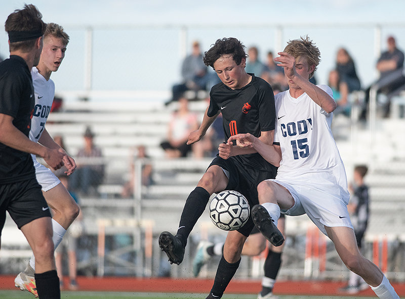 PHS freshman Gunnar Erickson fights for a ball with Cody’s Tucker Lynn Thursday. While the Panthers earned their 10th win of the year, head coach David Gilliatt described the game’s second half as disappointing.