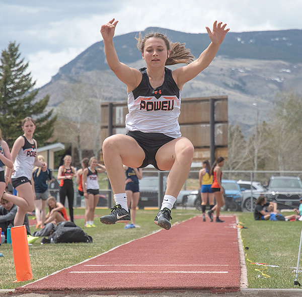 Sydney Spomer competes in the long jump of the State Farm Trackstravaganza Friday. She placed seventh in that event, while also placing second in the triple jump.