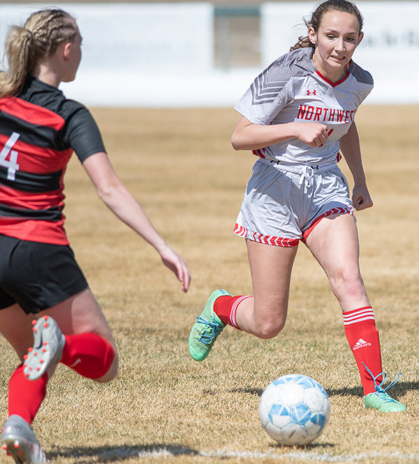 Malia Hedges defends a ball against Casper College earlier in the season. The Trappers put together a strong effort in Tuesday’s loss to the Thunderbirds, falling 3-2 in overtime.