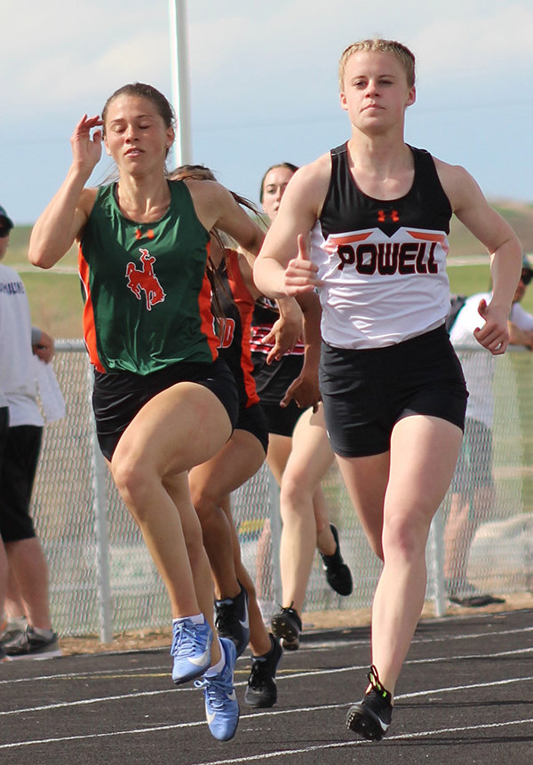 Jenna Hillman competes in the 400 at the 3A West Regional Meet in Lander. Hillman finished first in the 100, 200 and 400, as well as the 4x400 relay at the meet.