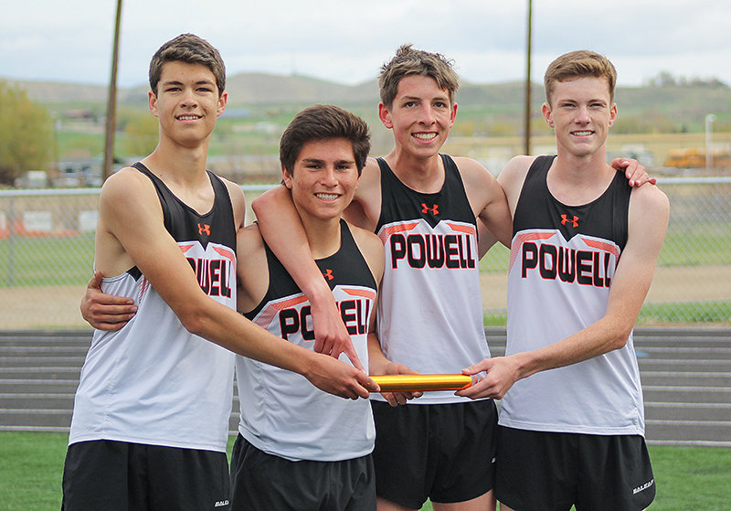 Ethan Bartholomew, Joey Hernandez, Daniel Merritt and Jace Hyde pose for a photo after taking third in the 4x800 relay. Coach Scott Smith said he feels confident that both the boys’ and girls’ teams can be in the hunt for trophies at this weekend’s state meet in Casper.