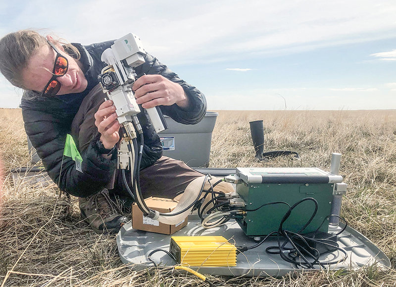 Alex Fox, a Ph.D. student at the University of Wyoming, uses a portable photosynthesis system to measure photosynthetic traits and stress responses in Kernza, wheat and Conservation Reserve Program grasses.